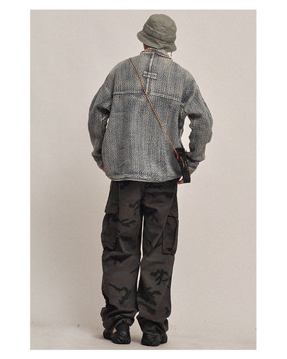 Textured Denim Jacket – Stand Collar & Bound Pockets