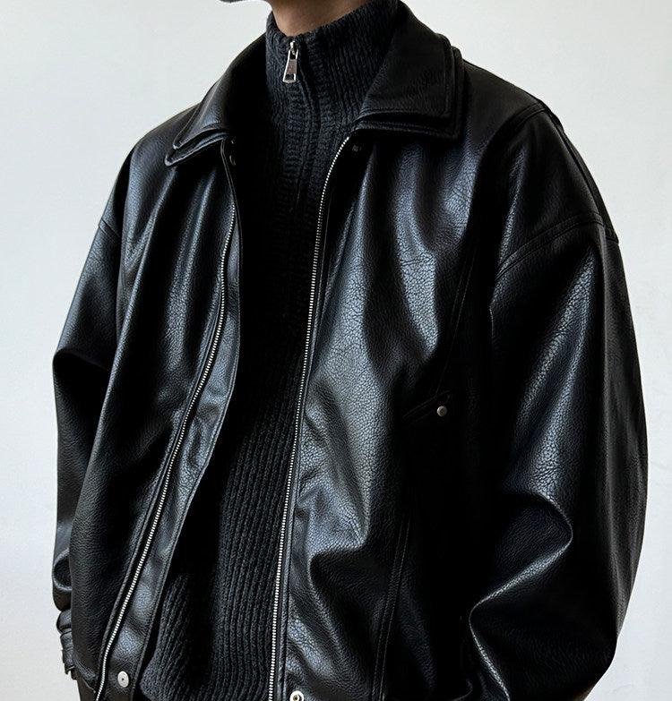 Soft PU Double-Layer Lapel Leather Jacket – American Retro Oversized Unisex – Japanese vintage | fall outfits 2026 | fall winter outfits | classy winter outfits | lazy comfy outfits | japanese streetwear | vintage workwear | yamalin clothes | Yamalinclothes