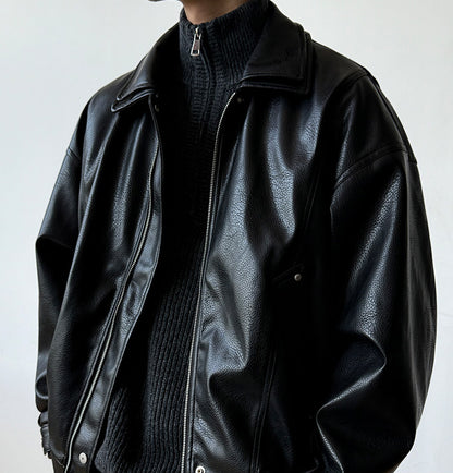 Soft PU Double-Layer Lapel Leather Jacket – American Retro Oversized Unisex – Japanese vintage | fall outfits 2026 | fall winter outfits | classy winter outfits | lazy comfy outfits | japanese streetwear | vintage workwear | yamalin clothes | Yamalinclothes
