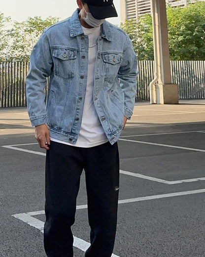 American Vintage Washed Denim Jacket – Oversized Unisex Utility Trucker Coat
