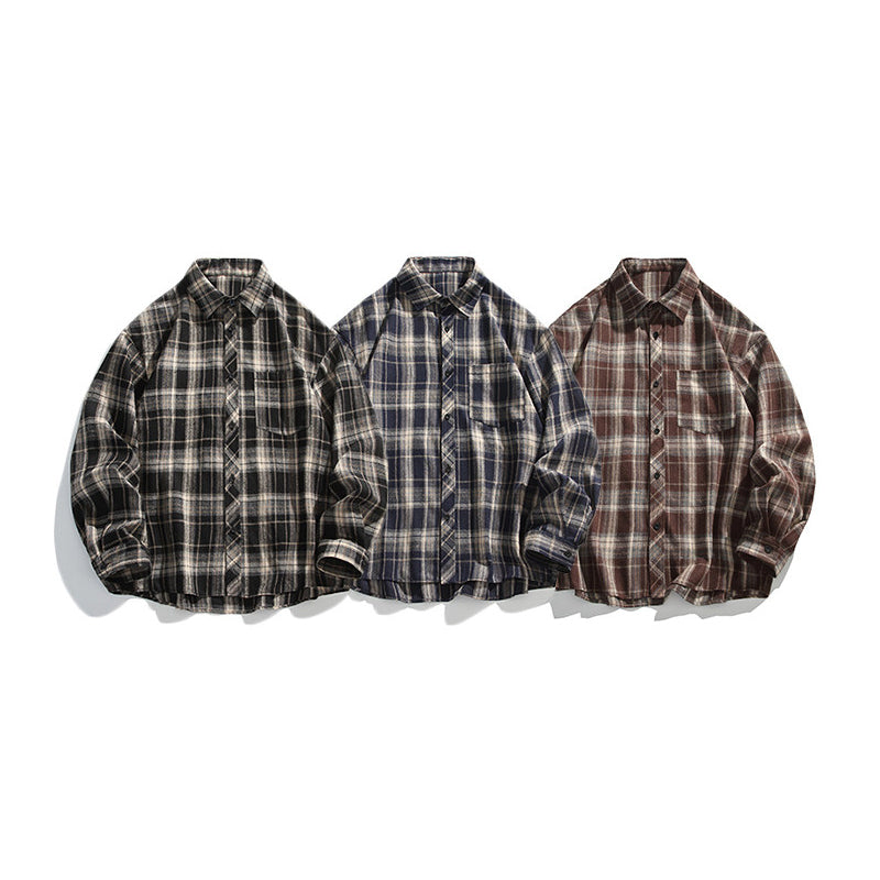 Retro American Check Long Sleeve Shirt – Loose Unisex Casual Overshirt
