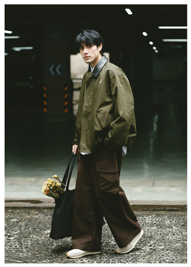 American Vintage Hunting Jacket – Heavy Leather-Collar Harrington Cargo Coat Unisex