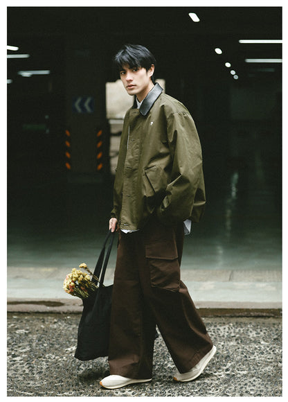 American Vintage Hunting Jacket – Heavy Leather-Collar Harrington Cargo Coat Unisex