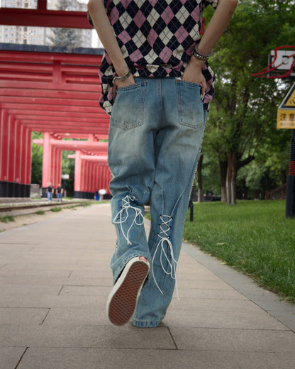 Washed Heavy Duty Jeweled Denim Jeans – Flared & Straight Leg 100% Cotton Streetwear – Japanese vintage | yamalin clothes | Yamalinclothes