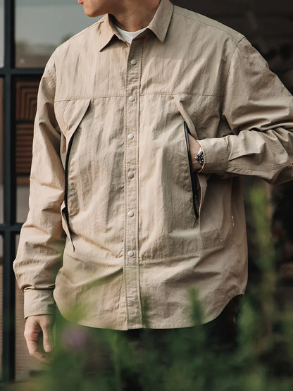 Japanese Workwear Pleated Layered Long-Sleeve Shirt Jacket – Cleanfit Silhouette Men’s Spring Autumn – Japanese vintage | yamalin clothes | Yamalinclothes