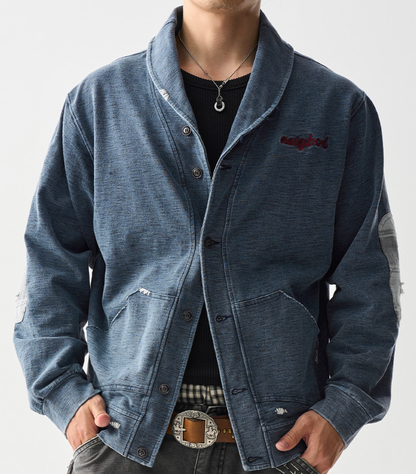 American Vintage Washed Distressed Zip-Up Cardigan – Contrast Collar Oversized Sweatshirt