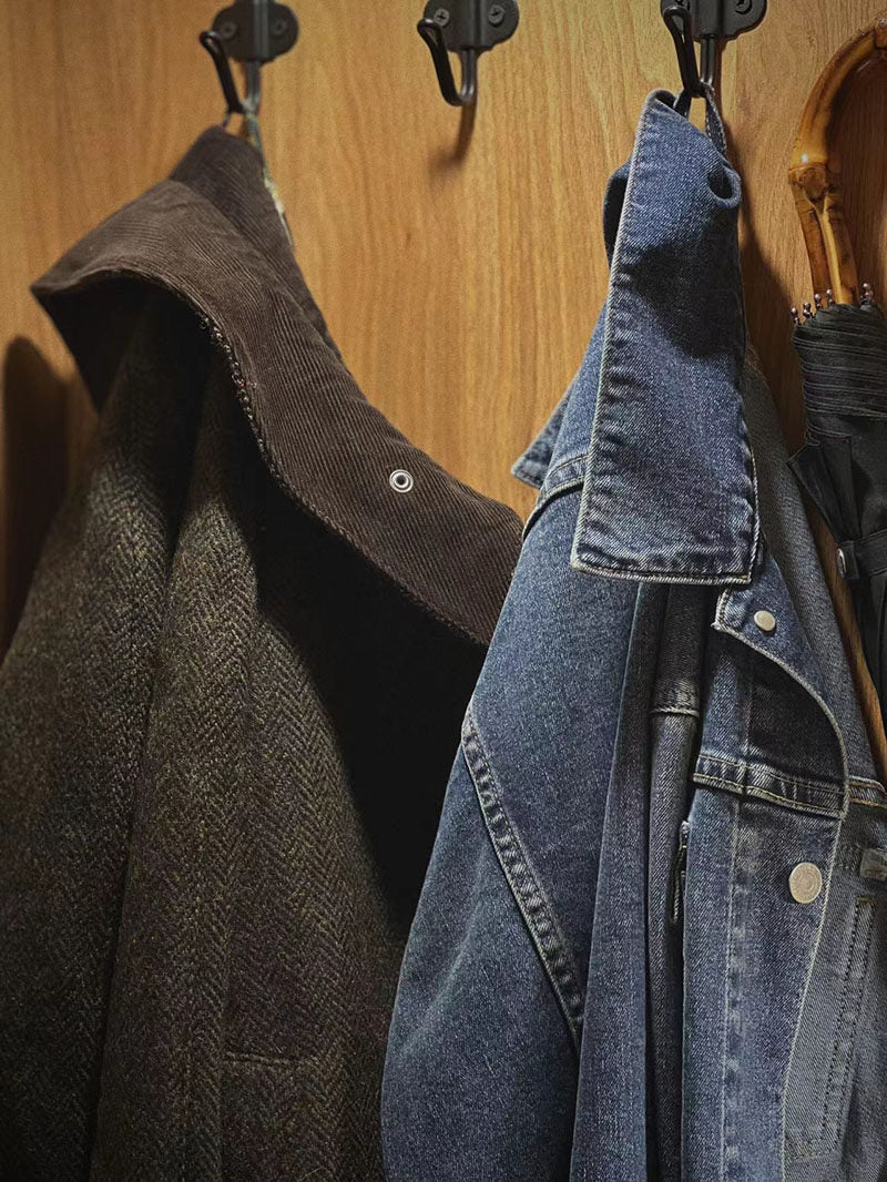 Wool Tweed Jacket – Herringbone & Contrast Collar | Yamalin clothes | Vintage workwear outfit for men