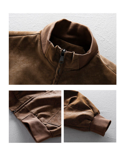 American Vintage Suede PU Leather Stand-Collar Jacket – Oversized Men’s Moto Coat