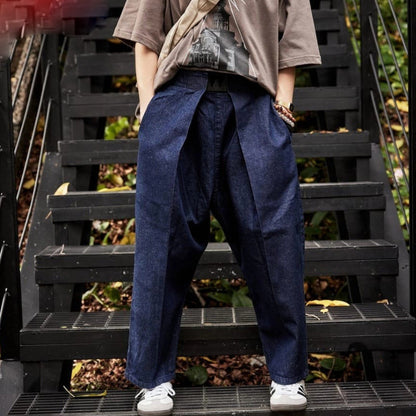 Vintage Indigo-Dyed Loose Jeans – Handmade Elastic Adjustable Waist Streetwear
