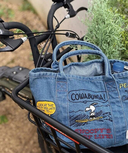 Denim Canvas Embroidery Tote Bag – Cute Cartoon Portable Handbag