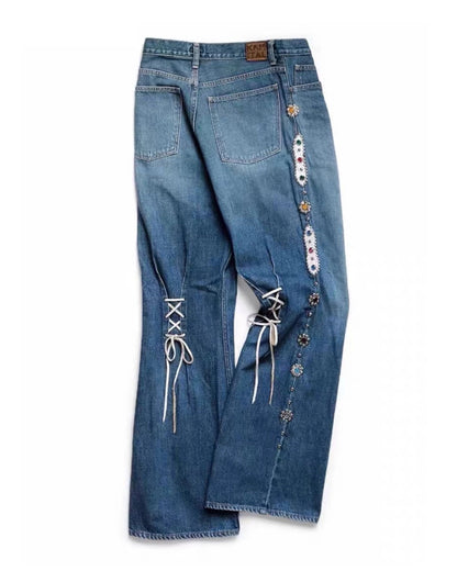 Washed Heavy Duty Jeweled Denim Jeans – Flared & Straight Leg 100% Cotton Streetwear – Japanese vintage | yamalin clothes | Yamalinclothes