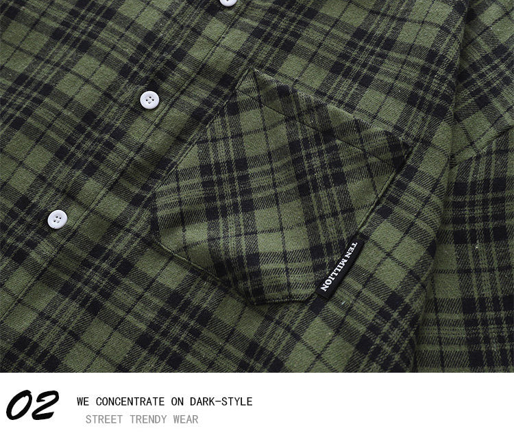 Vintage Sanded Green Plaid Long Sleeve Shirt – Loose Unisex Casual