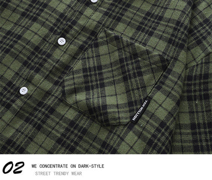 Vintage Sanded Green Plaid Long Sleeve Shirt – Loose Unisex Casual