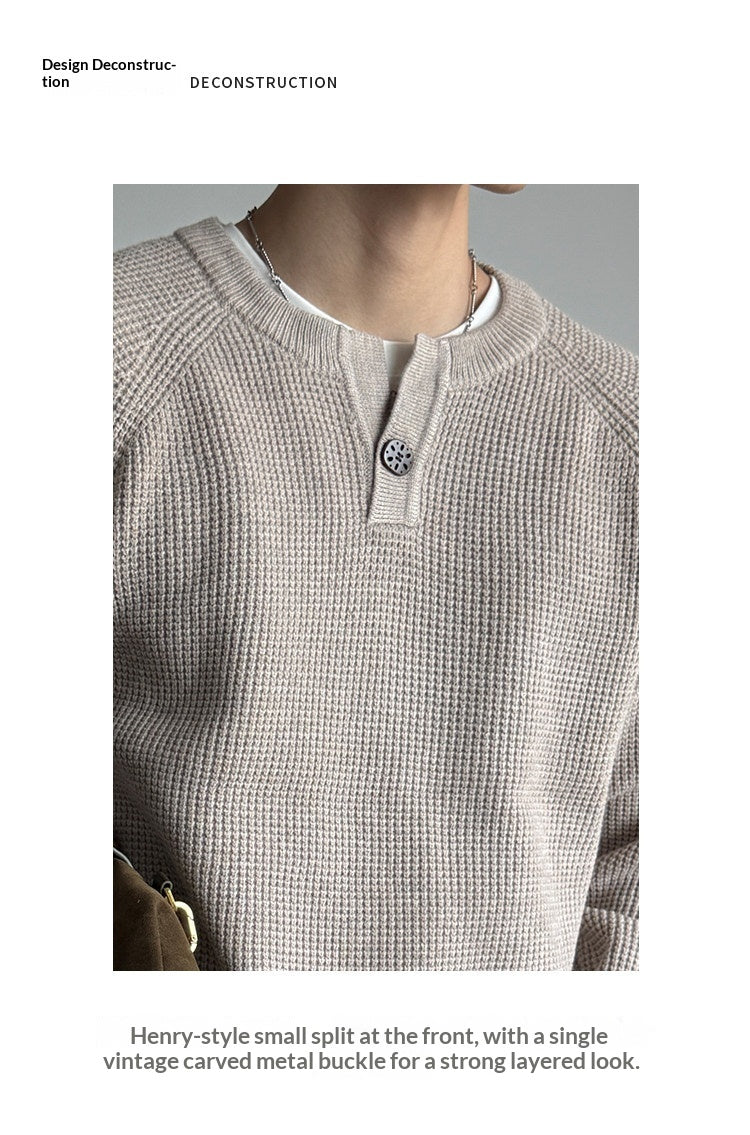 590G Anti-Pilling Henry Collar Button Knit Sweater – Japanese Loose Unisex – Sweater pullover | japanese streetwear | vintage workwear | unisex | Yamalinclothes
