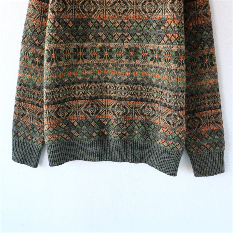 100% Wool Jacquard Stripe Crew Neck Sweater – Men's Thick Knit Pullover