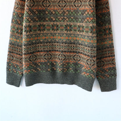 100% Wool Jacquard Stripe Crew Neck Sweater – Men's Thick Knit Pullover