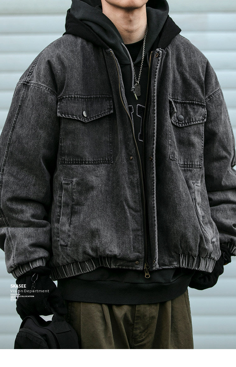 Washed Hooded Denim Patchwork Cotton Jacket – Drop Shoulder Loose Workwear Unisex – Coats Jackets | japanese streetwear | vintage workwear | unisex | Yamalinclothes