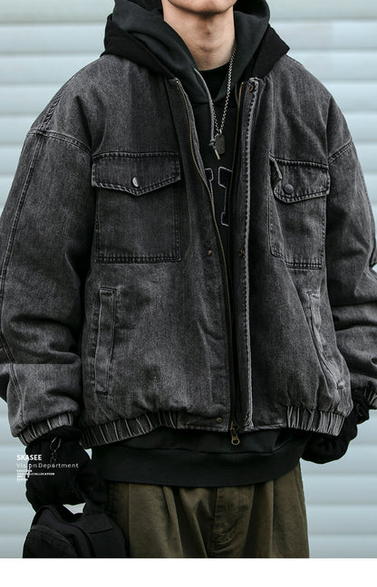 Washed Hooded Denim Patchwork Cotton Jacket – Drop Shoulder Loose Workwear Unisex – Coats Jackets | japanese streetwear | vintage workwear | unisex | Yamalinclothes