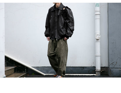 Double-Zip Stand-Collar PU Leather Jacket – Vintage Oversized Unisex