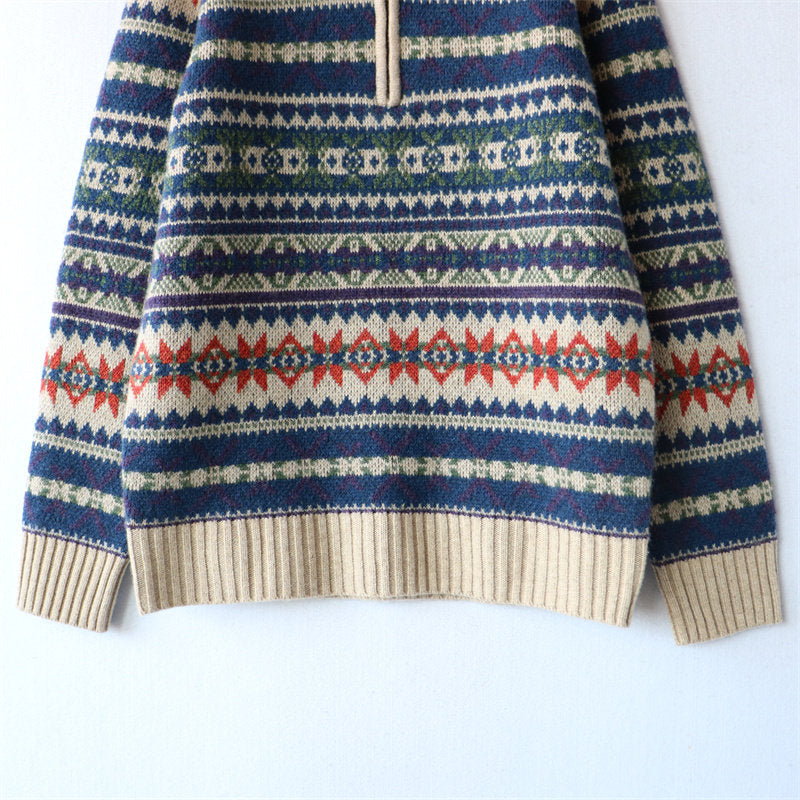 100% Wool Half-Zip Jacquard Stripe Sweater – Men's Ethnic Knit Pullover Khaki