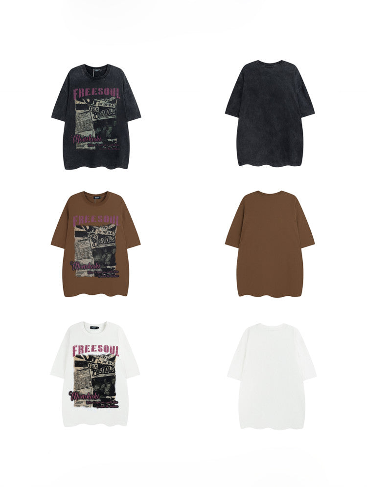 Old Newspaper Band Print Short Sleeve T-Shirt – Loose Unisex High Street – Japanese vintage | yamalin clothes | Yamalinclothes