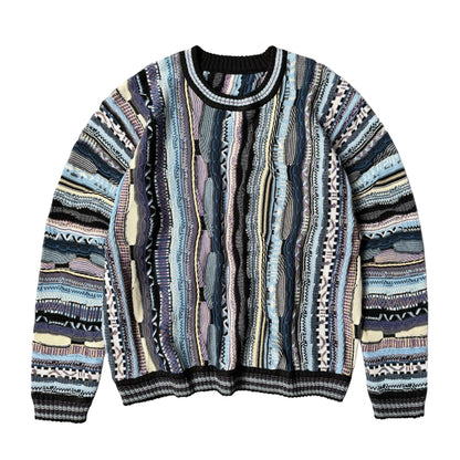 Vertical Stripe Patchwork Jacquard Crew Neck Sweater – Loose Unisex