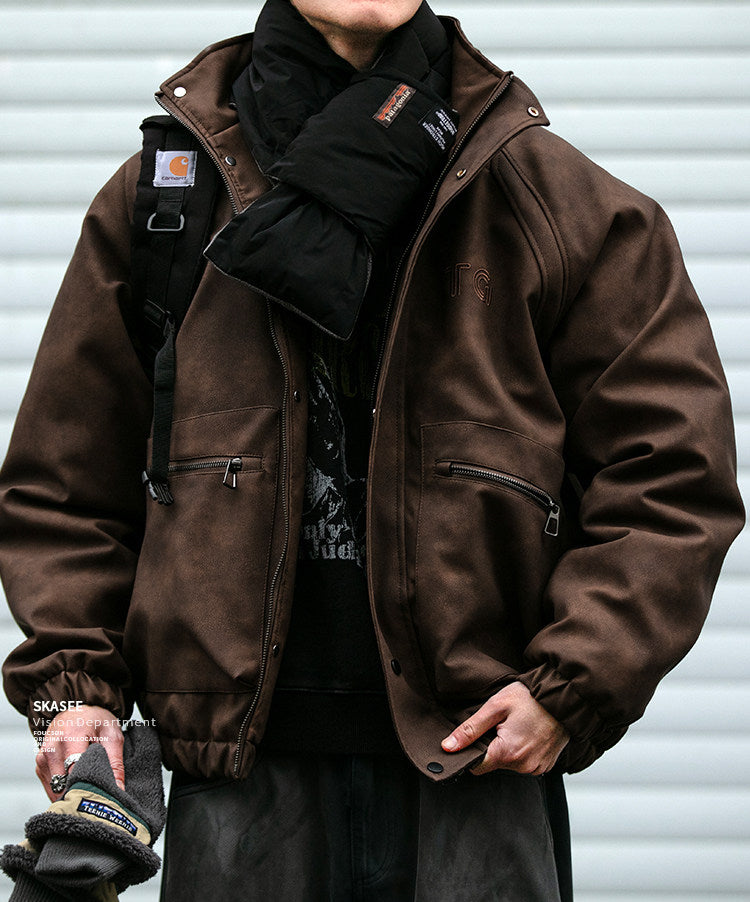 Embroidered Stand Collar Leather Jacket – American Retro Thickened Windproof Unisex – Coats Jackets | japanese streetwear | vintage workwear | unisex | Yamalinclothes