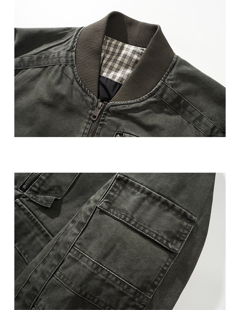 Retro Heavy Cotton Cargo Baseball Jacket – Men's Loose American Workwear