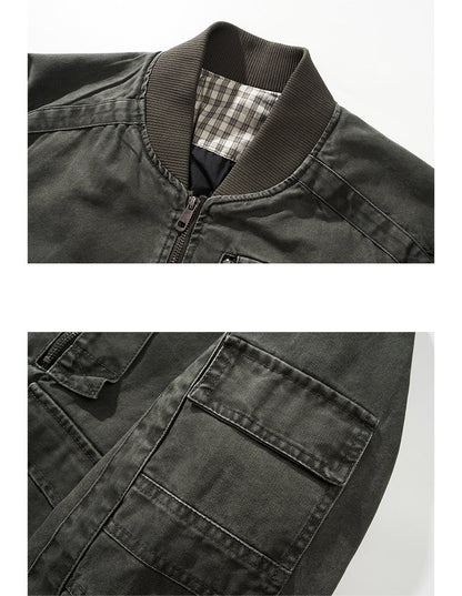Retro Heavy Cotton Cargo Baseball Jacket – Men's Loose American Workwear