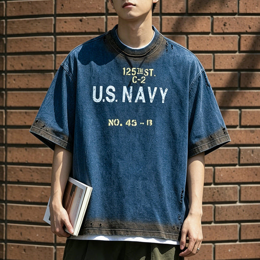 American Vintage Indigo Washed Distressed Letter Print T-Shirt - Loose Drop Shoulder Unisex Tee