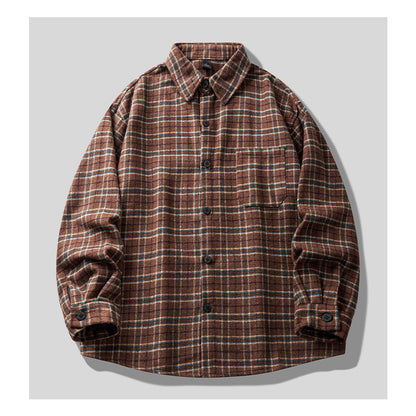 Brushed Plaid Long Sleeve Shirt Jacket – Vintage Loose Unisex Casual