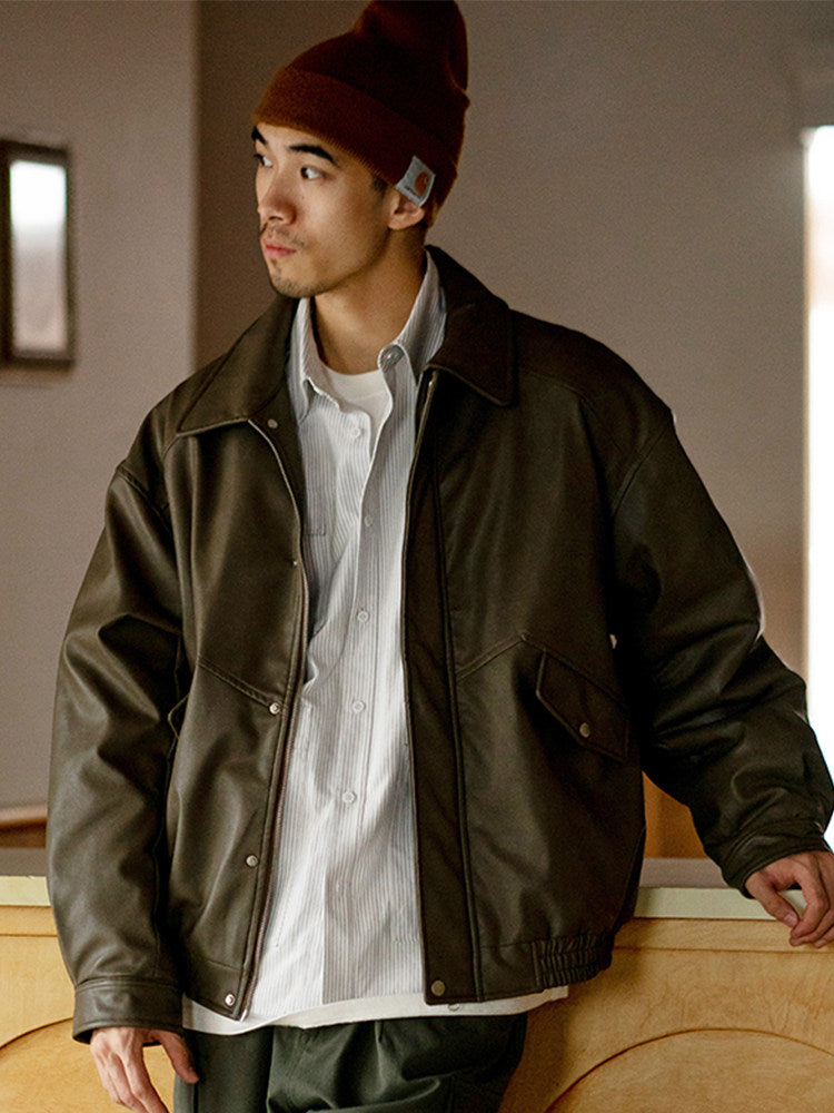 Japanese PU Leather Fleece-Lined Jacket – Men's Oversized Winter Coat – Japanese vintage | yamalin clothes | Yamalinclothes