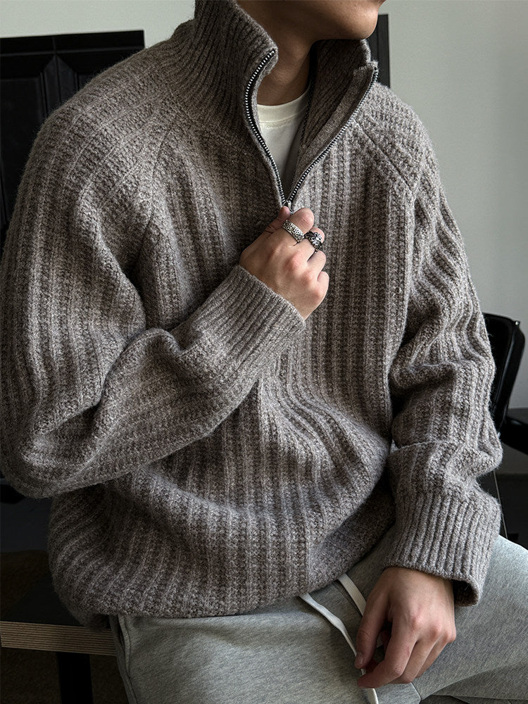 Half-Zip Stand Collar Knit Pullover – Loose Lazy Men – Japanese vintage | yamalin clothes | Yamalinclothes