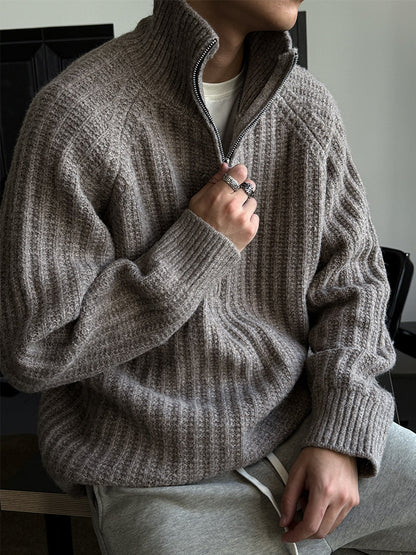 Half-Zip Stand Collar Knit Pullover – Loose Lazy Men – Japanese vintage | yamalin clothes | Yamalinclothes