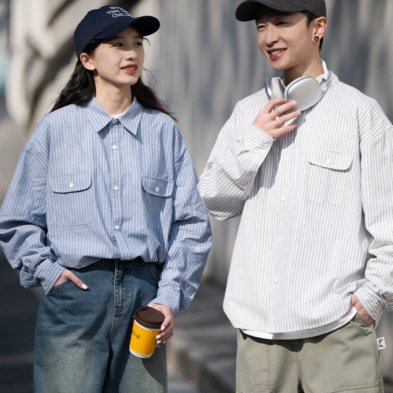 Loose Striped Cotton Long-Sleeve Shirt – Oversized Silhouette Unisex Layering Top – Japanese vintage | yamalin clothes | Yamalinclothes