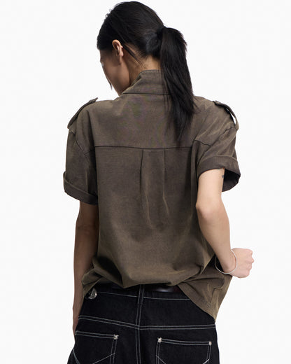 Illusion Print Stand-Collar Polo Shirt – Heavyweight Distressed Streetwear Tee