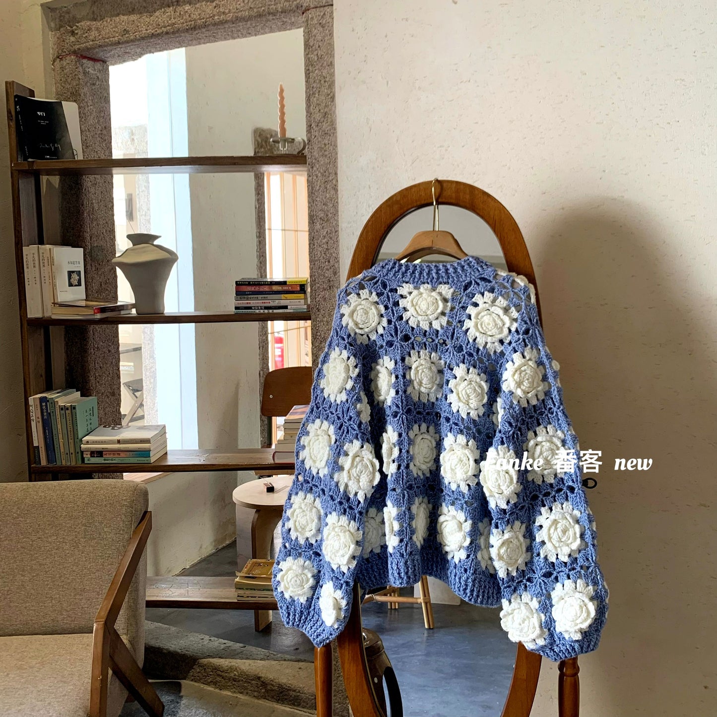 Women's European French Retro Color Block Cardigan - Handmade 3D Rose Crochet Hollow Knit Sweater