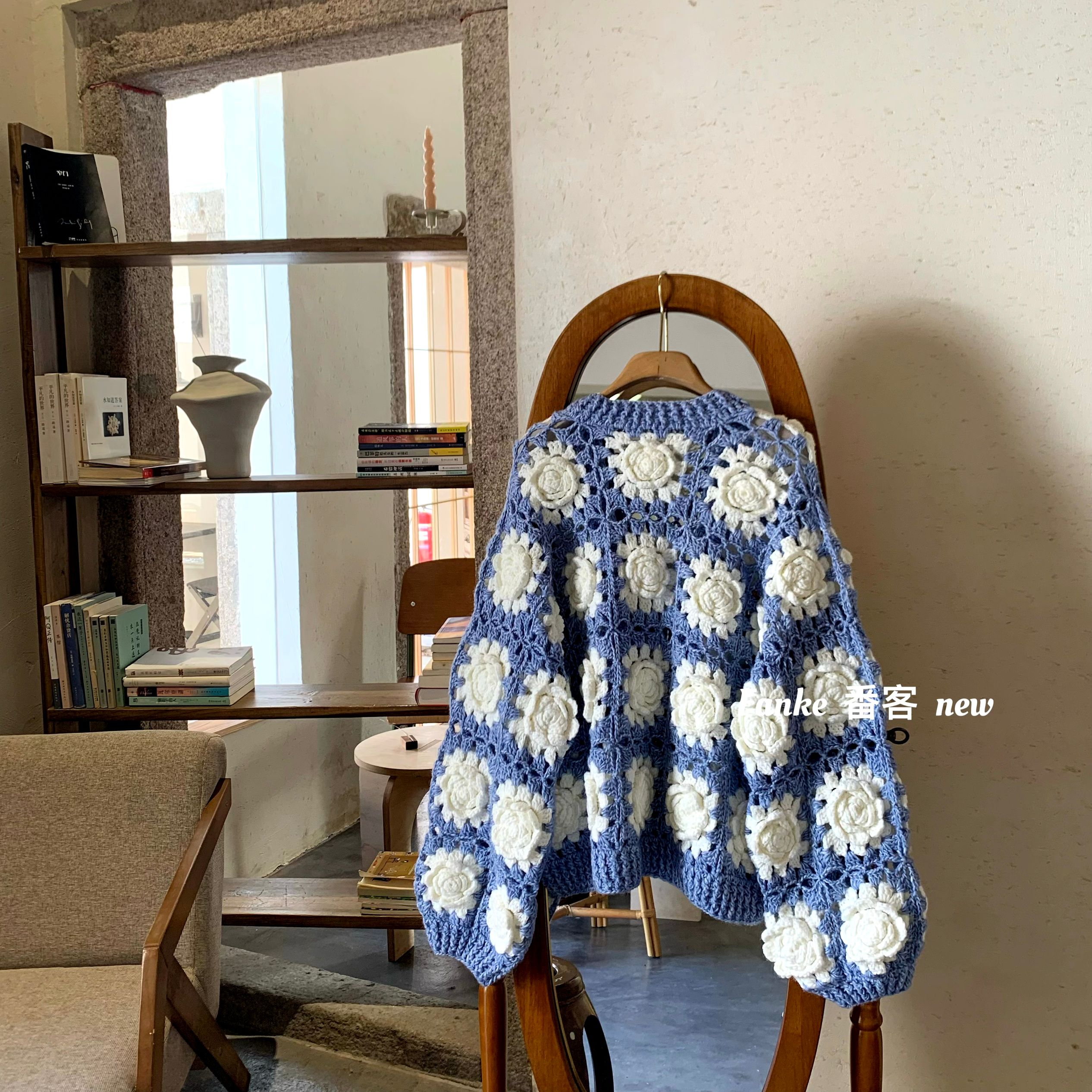 Women's European French Retro Color Block Cardigan - Handmade 3D Rose Crochet Hollow Knit Sweater