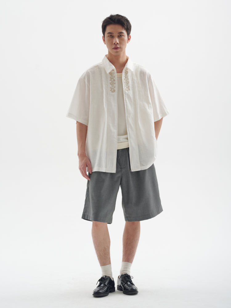 25SS Ramie Blend Passionflower Embroidery Washed Vintage Japanese Style Retro Short Sleeve Shirt