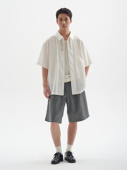 25SS Ramie Blend Passionflower Embroidery Washed Vintage Japanese Style Retro Short Sleeve Shirt