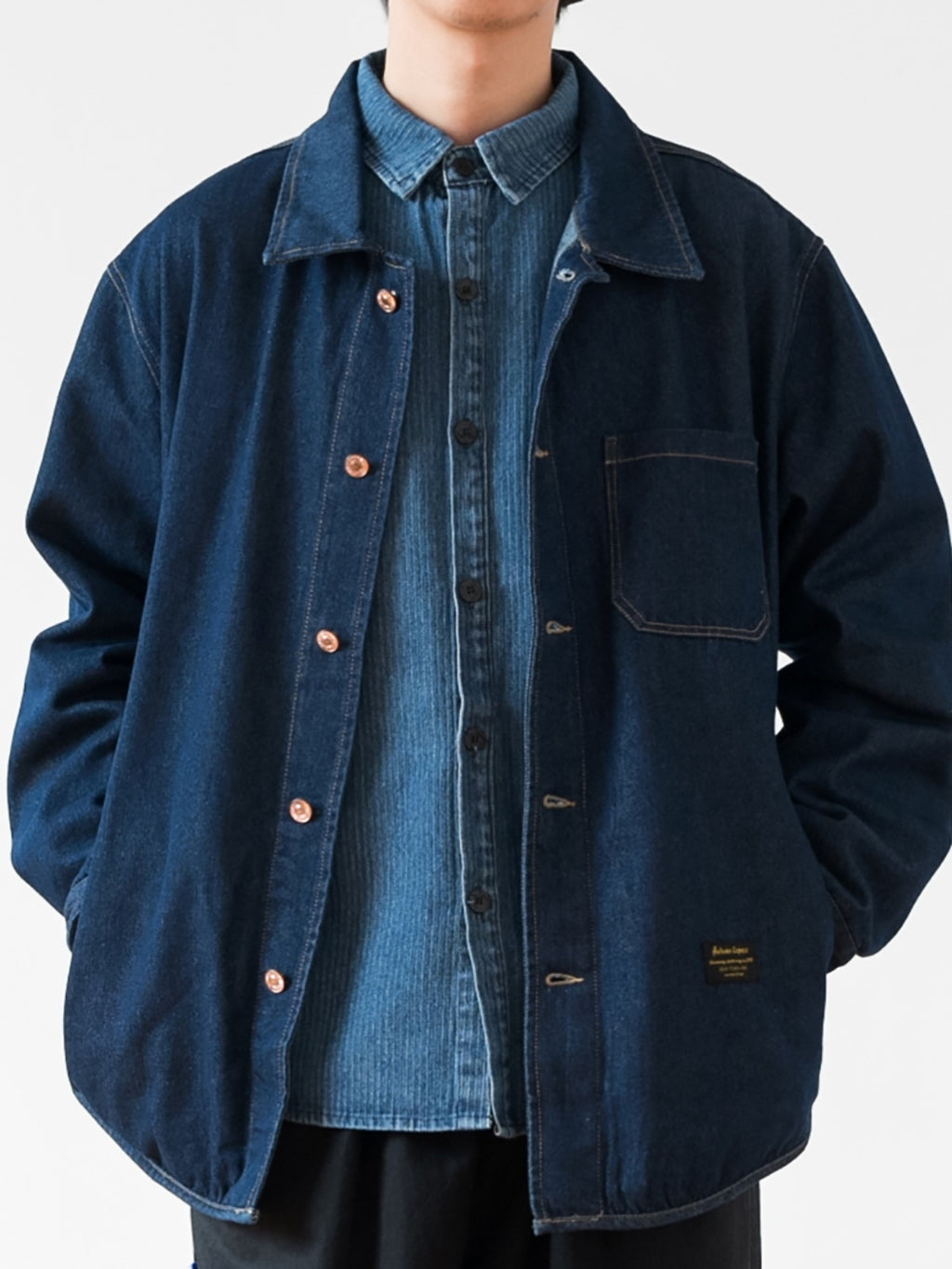 Japanese Retro Workwear Denim Shirt – Loose Turn-Down Collar for Spring/Autumn
