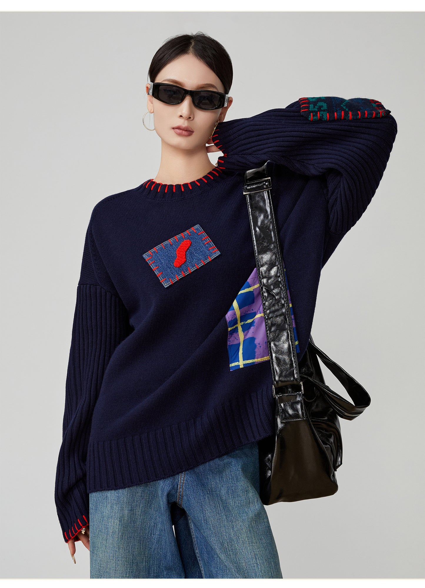 Color-Block Hand-Embroidered Patchwork Sweater – Japanese Niche Knit Top