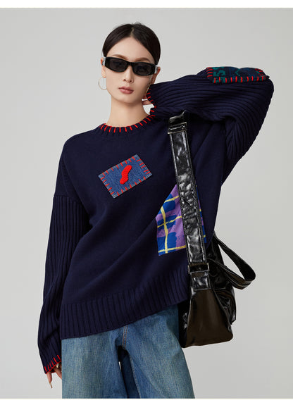 Color-Block Hand-Embroidered Patchwork Sweater – Japanese Niche Knit Top