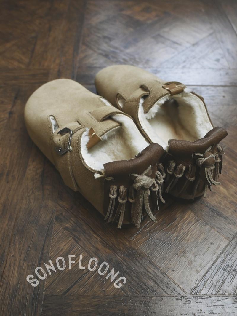 Sonofloong Vintage Genuine Leather Slippers - Deerskin Tassel Sheepskin Fur Closed-Toe Birkenstock Style