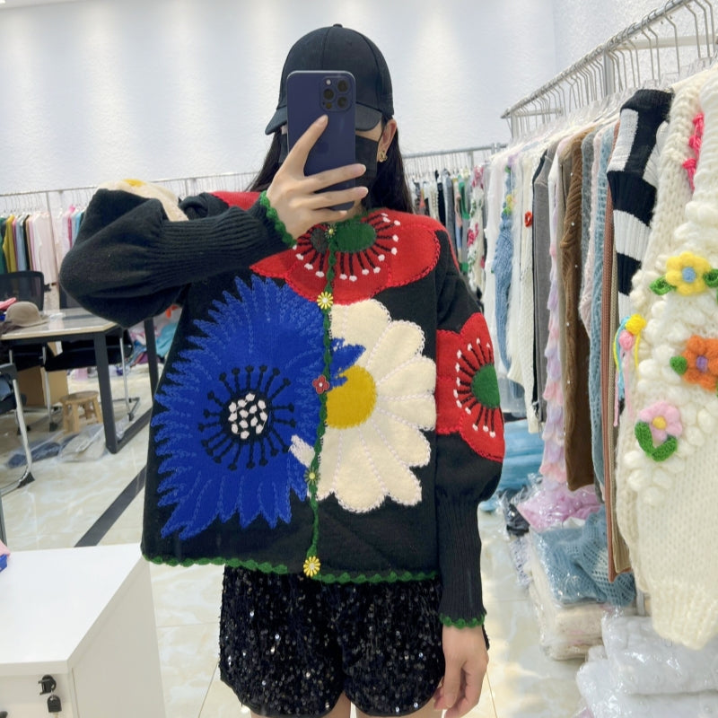 French Style Heavy Embroidery Floral Vintage Knit Sweater for Women 2025 Autumn Winter New Loose Cardigan Coat Trend