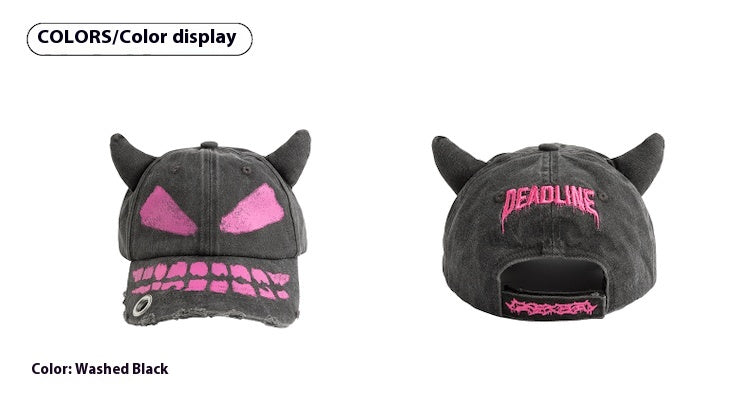 "Little Devil" Hand-painted Washed Distressed Embroidered Baseball Cap for Men and Women Spring Summer