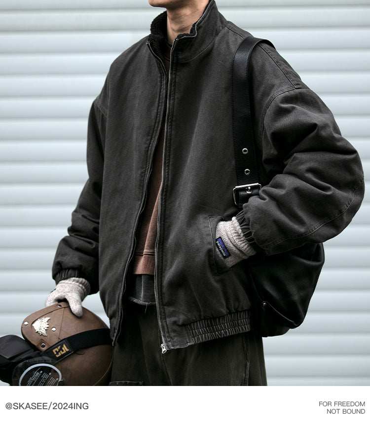 Japanese Retro Melad Stand Collar Lamb Wool Cotton Jacket for Men Winter Trendy Loose Couple Thickened Warm Cotton Coat Trendy