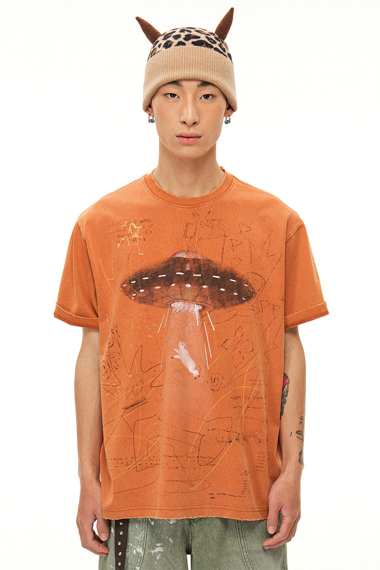 Alien Piggy 230g UFO Piggy Print Orange Short Sleeve T-Shirt