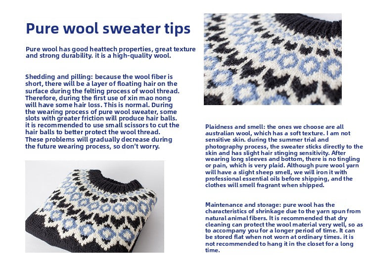 Hand-Knitted Icelandic Japanese Retro Unisex Sweater Couple Travel Fair Isle Cat Minimalist Style Pullover