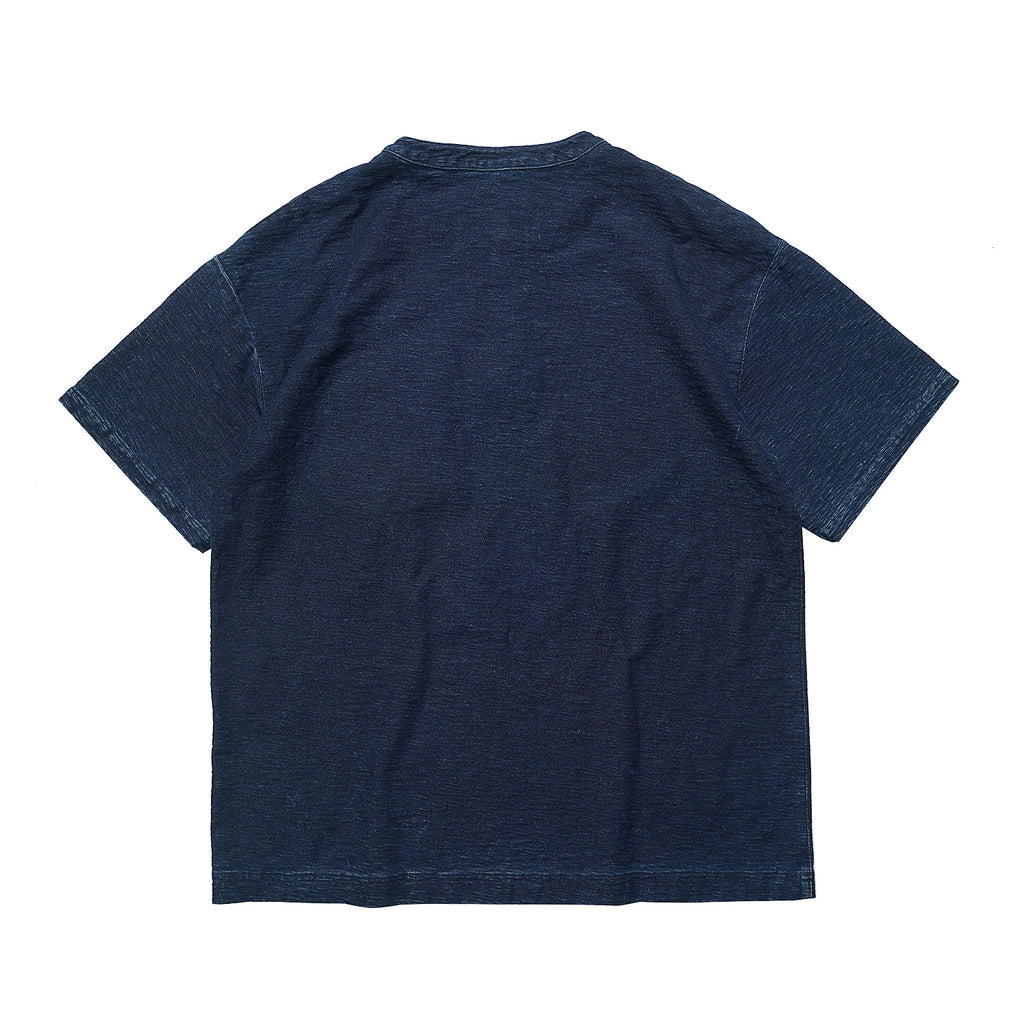 Original retro heavy-weight high-density bamboo-pattern boro ragged Kendo thorn blue-dyed Henry collar short-sleeved T-shirt